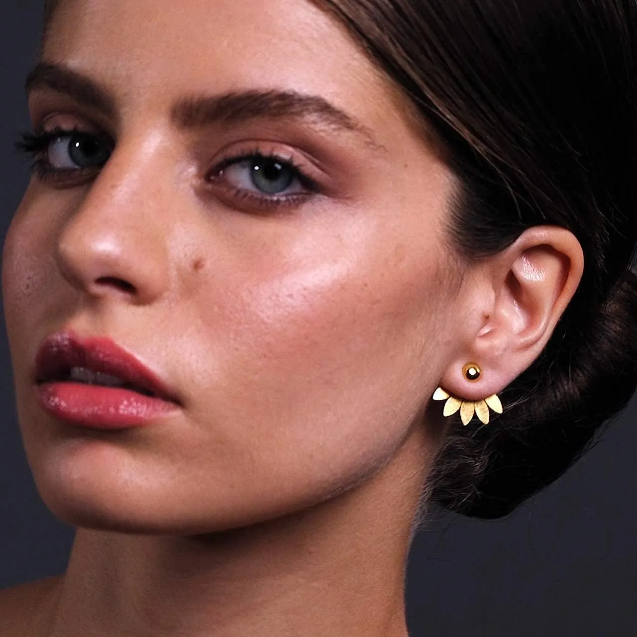 Emmanuela Flower Ear Jacket Earrings Handmade from 24K Gold Plated Sterling Silver Elegant Double Sided Earrings with Round Studs and Leaves Backs Statement Jewelry Gift for Her