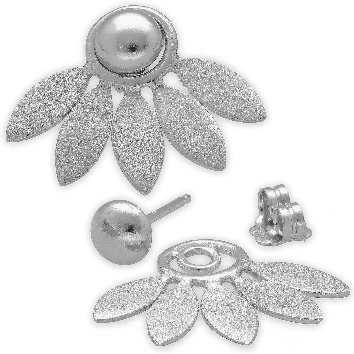 Emmanuela Flower Ear Jacket Earrings Handmade from 24K Gold Plated Sterling Silver Elegant Double Sided Earrings with Round Studs and Leaves Backs Statement Jewelry Gift for Her