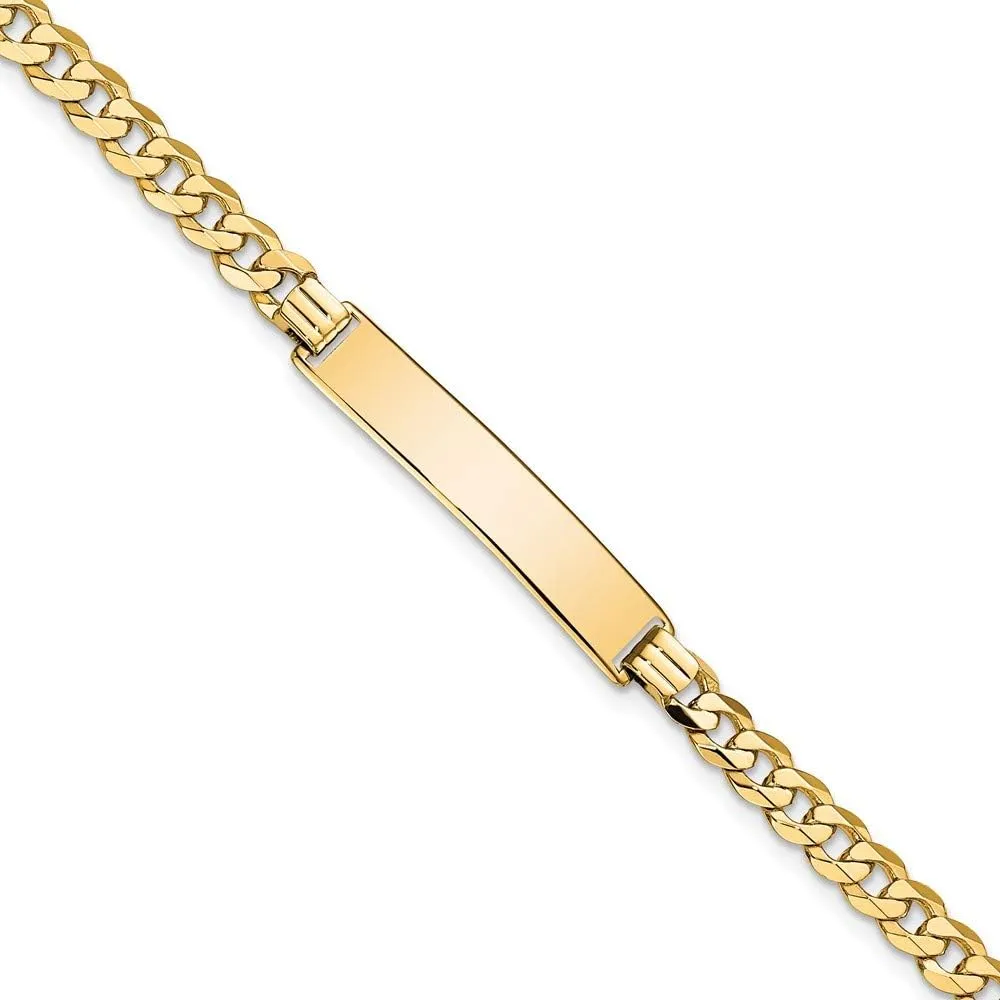 Engravable Personalized Custom 10K Yellow Gold Flat Curb Link ID Bracelet For Women Length 7 inches Width 6.4 mm