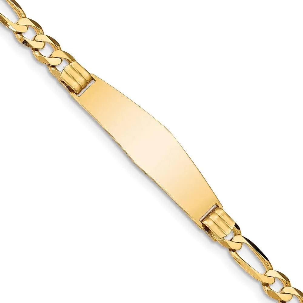 Engravable Personalized Custom 14K Yellow Gold Figaro Soft Diamond Shape ID Bracelet For Men or Women Length 8 inches Width 10 mm