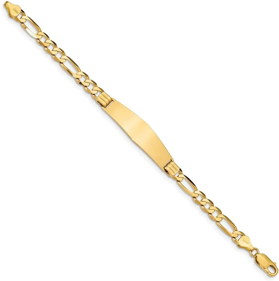 Engravable Personalized Custom 14K Yellow Gold Figaro Soft Diamond Shape ID Bracelet For Men or Women Length 8 inches Width 10 mm