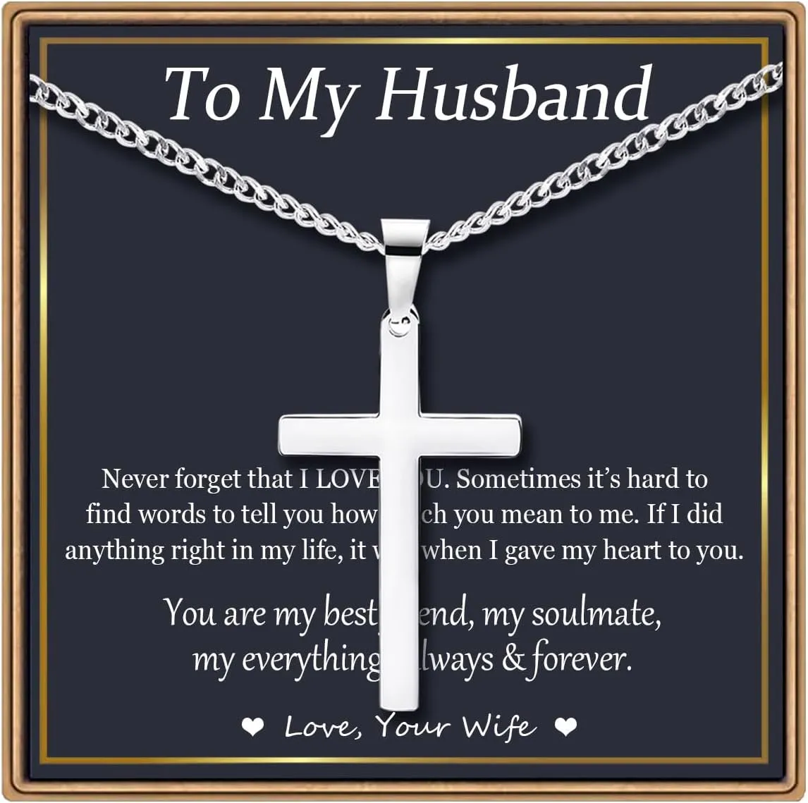 EPIRORA Cross Necklaces Gifts for Men, Silver Cuban Link Chain Necklace Gifts for Dad Son Grandson Uncle Nephew Boyfriend