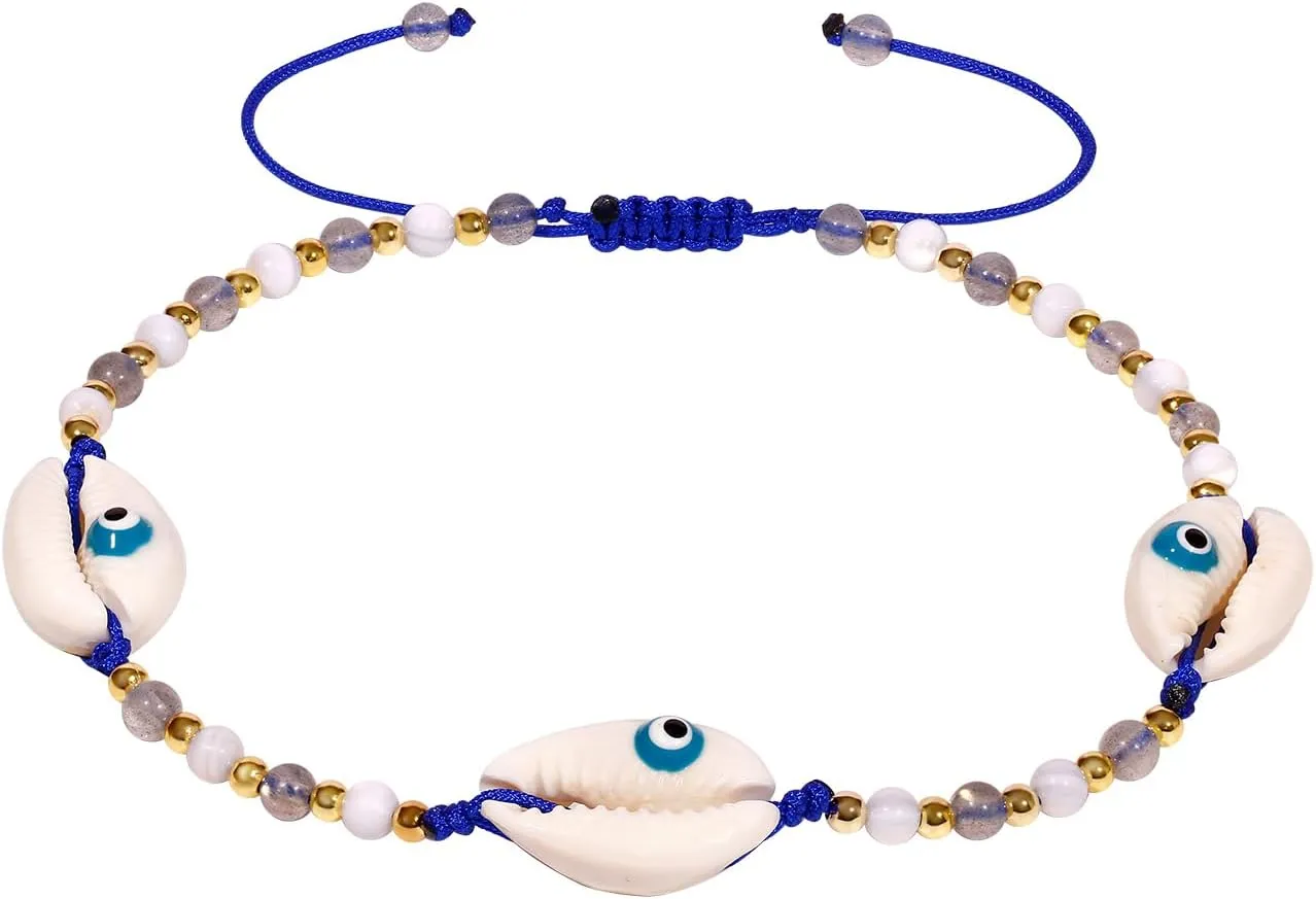 Evil Eye Shell Jewelry Beaded Anklet Crystals and Gemstones Ankle Bracelets for Women Amulet Protection Gifts Beach Foot Jewelry
