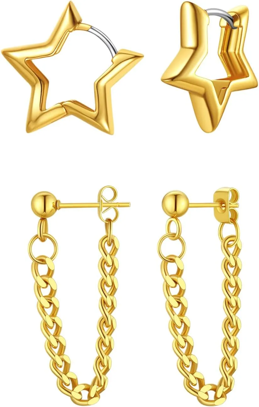 FindChic 18K Gold Plated Star Huggie Earrings and Trendy Tassel Chain Earrings for Women