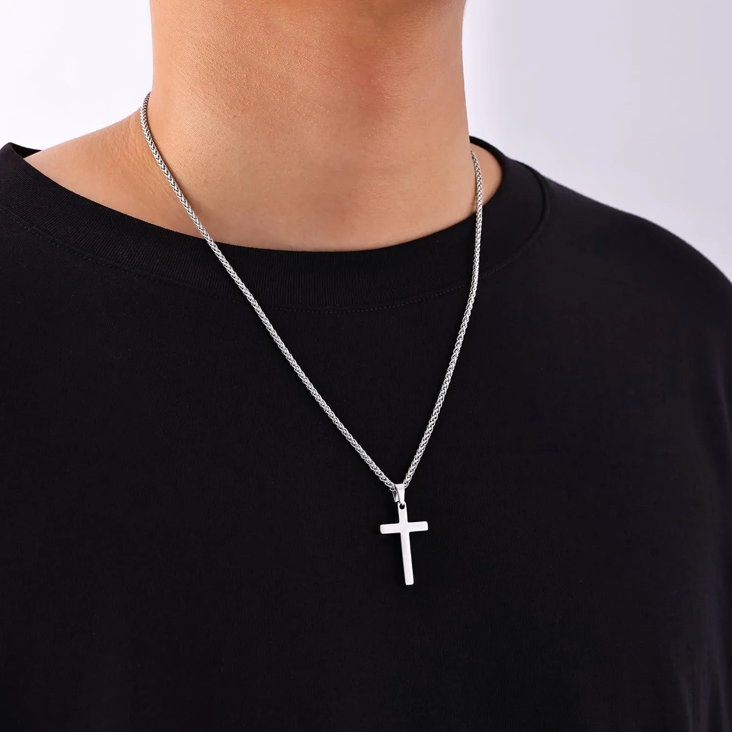 Fiusem Cross Necklace for Men, Silver Tone Mens Cross Necklaces with 2.5mm Chain, Stainless Steel Wheat Chain, 16-24 Inch