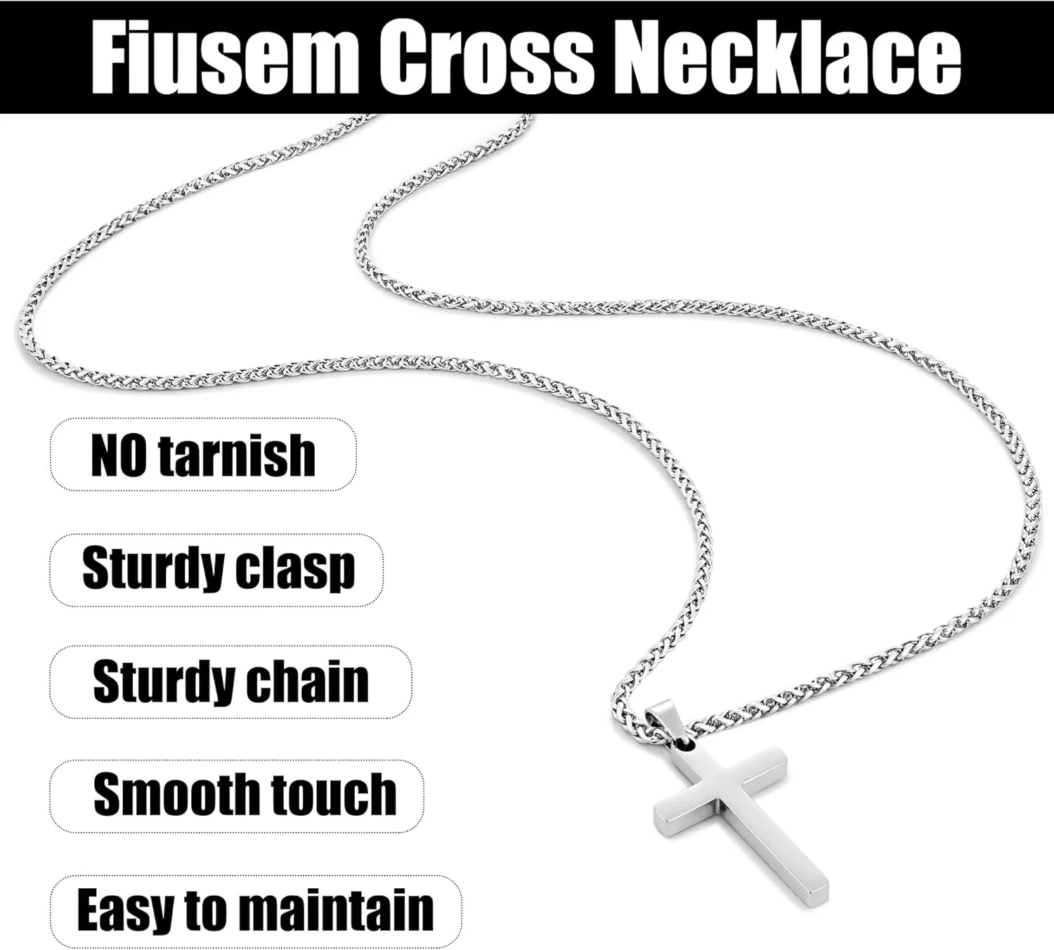 Fiusem Cross Necklace for Men, Silver Tone Mens Cross Necklaces with 2.5mm Chain, Stainless Steel Wheat Chain, 16-24 Inch