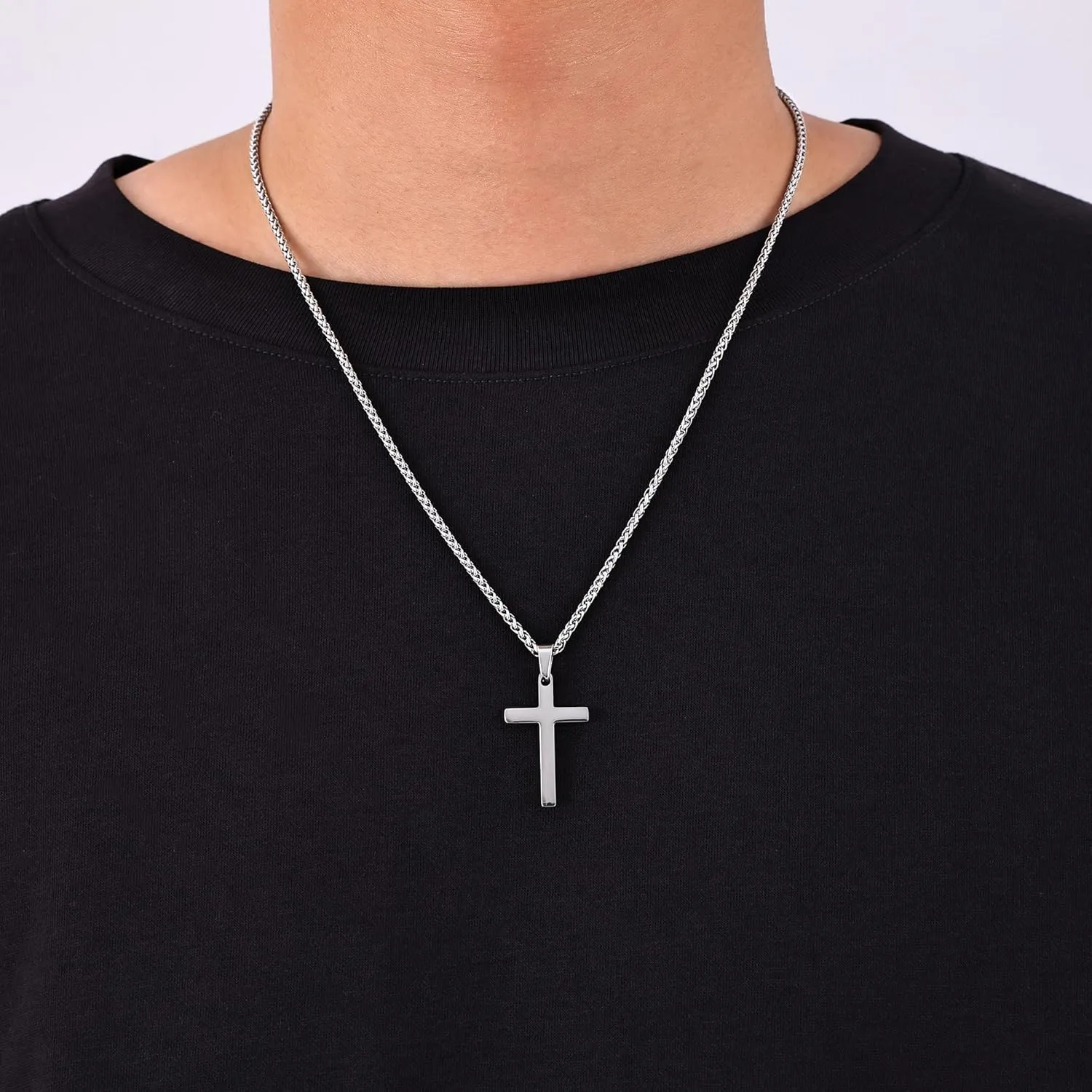 Fiusem Cross Necklace for Men, Silver Tone Mens Cross Necklaces with 2.5mm Chain, Stainless Steel Wheat Chain, 16-24 Inch