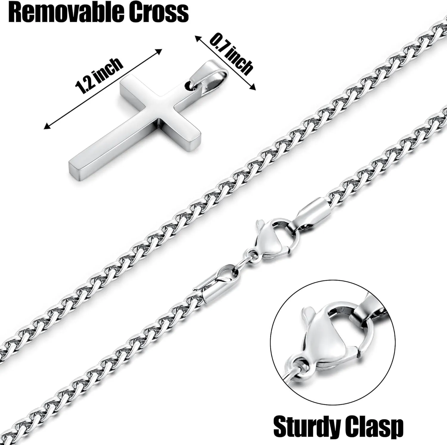 Fiusem Cross Necklace for Men, Silver Tone Mens Cross Necklaces with 2.5mm Chain, Stainless Steel Wheat Chain, 16-24 Inch