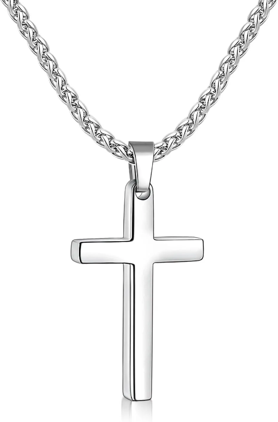 Fiusem Cross Necklace for Men, Silver Tone Mens Cross Necklaces with 2.5mm Chain, Stainless Steel Wheat Chain, 16-24 Inch