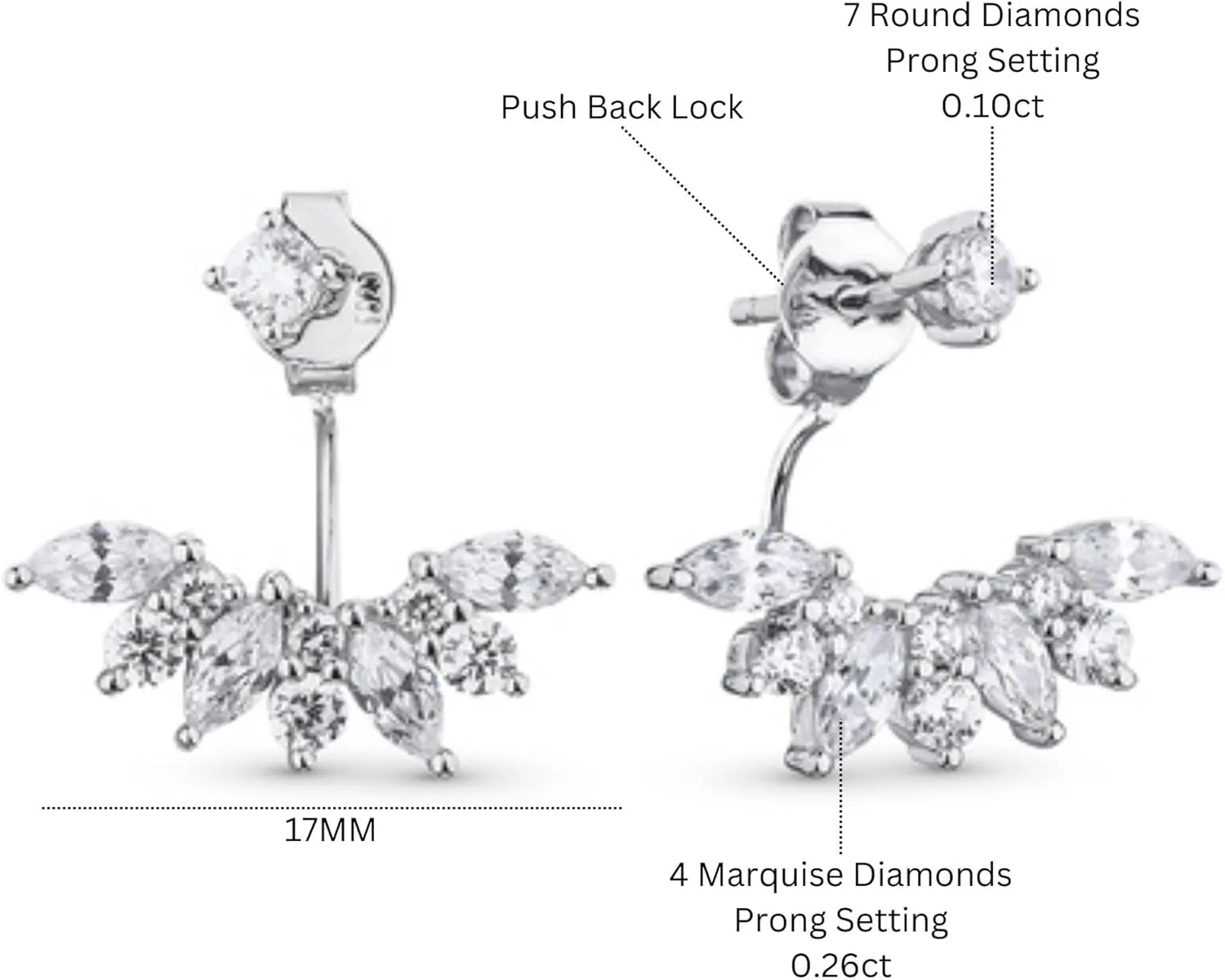 Front Back Earrings, 14K Gold Diamonds (0.46ct) Drop Earrings, Marquise Round Dainty Earrings, Bridal Earrings, Wedding Gift.