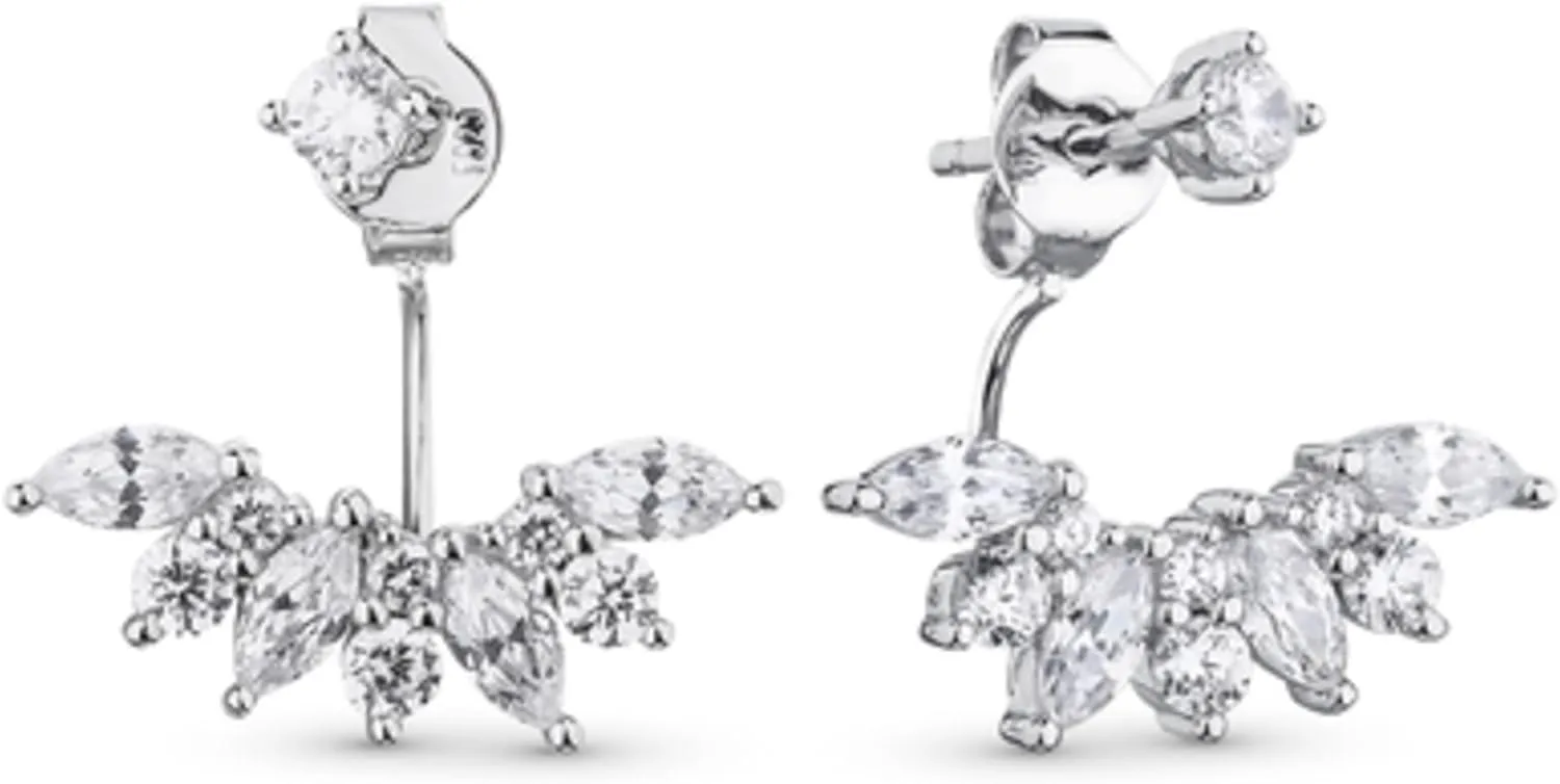 Front Back Earrings, 14K Gold Diamonds (0.46ct) Drop Earrings, Marquise Round Dainty Earrings, Bridal Earrings, Wedding Gift.