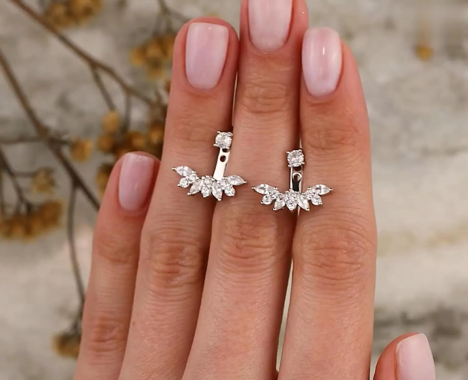 Front Back Earrings, 14K Gold Diamonds (0.46ct) Drop Earrings, Marquise Round Dainty Earrings, Bridal Earrings, Wedding Gift.