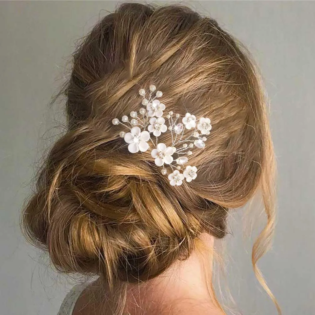Fstrend Bridal Wedding Hair Pins White Flower Hair Clip Silver Bride Accessories for Women Girls
