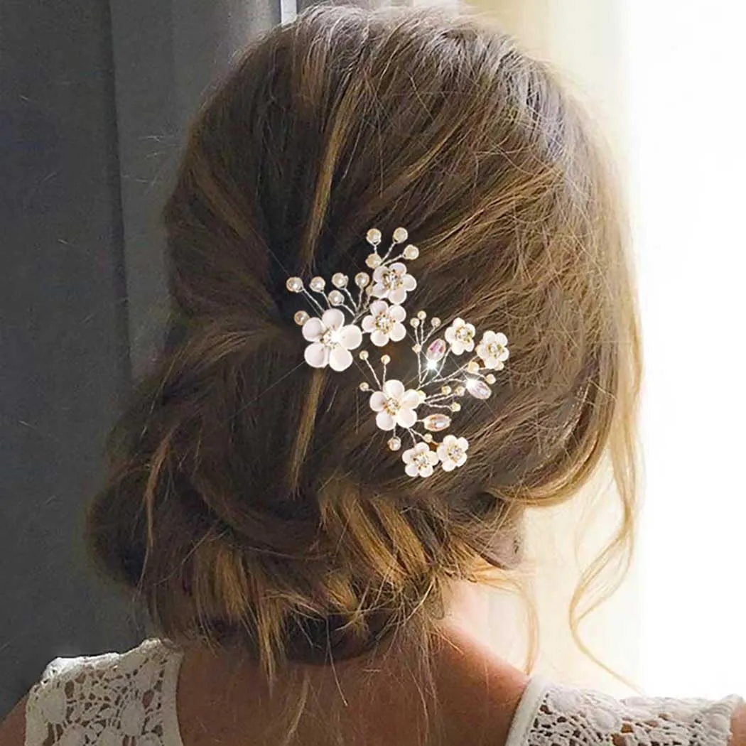 Fstrend Bridal Wedding Hair Pins White Flower Hair Clip Silver Bride Accessories for Women Girls