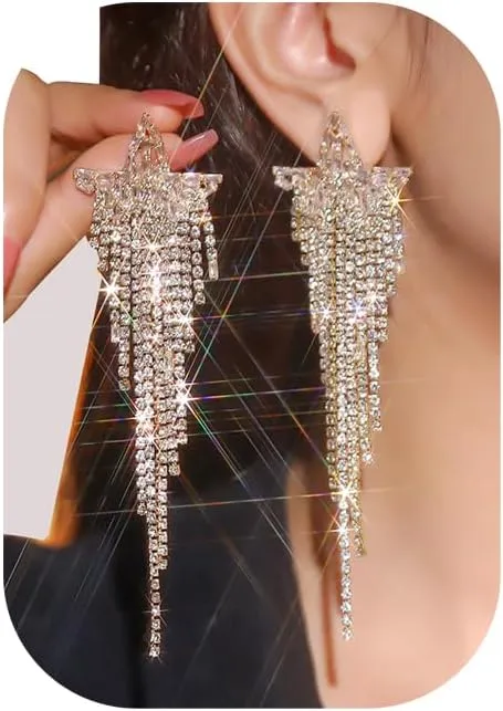 Full Rhinestone Long Stars Tassel Dangle Earrings Bridal Wedding Long Crystal Drop Earrings Sexy Layered Star Stud Earrings Jewelry for Women