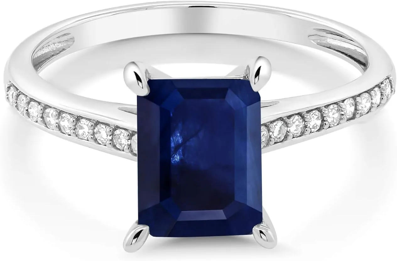 Gem Stone King 10K White Gold Emerald Cut 8X6MM Gemstone Birthstone and White Diamond Engagement Ring | Wedding Anniversary Promise Gold Ring For Women | Available In Size 5-9