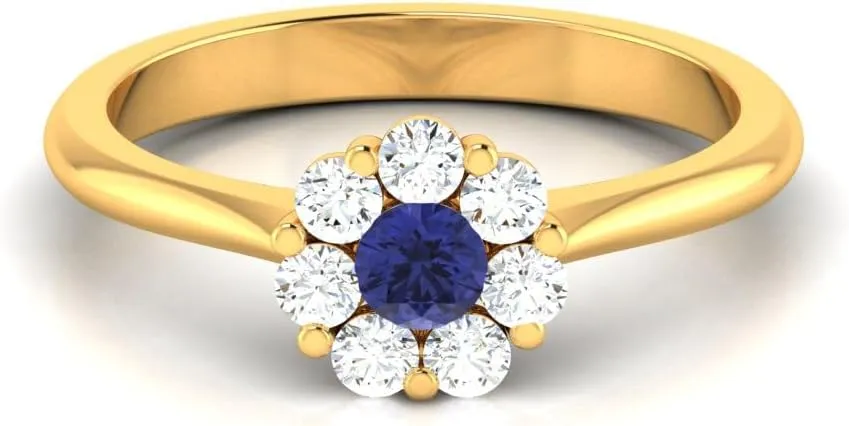 GEMHUB Couples Promise Ring Lab Created Grade AA Blue Sapphire Round Shape Halo Style 0.44 Carat 14k Yellow Gold Size 4 5 116
