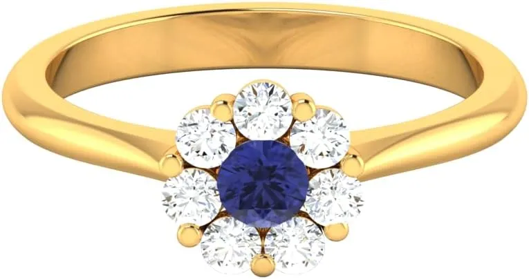 GEMHUB Couples Promise Ring Lab Created Grade AA Blue Sapphire Round Shape Halo Style 0.44 Carat 14k Yellow Gold Size 4 5 116