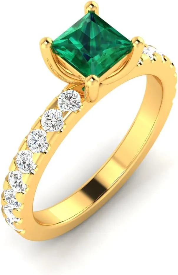 GEMHUB Couples Promise Ring Lab Created Grade AA Green Emerald Princess (Square) Solitaire with Accents 1.43 Carat 14k Yellow Gold Sizable