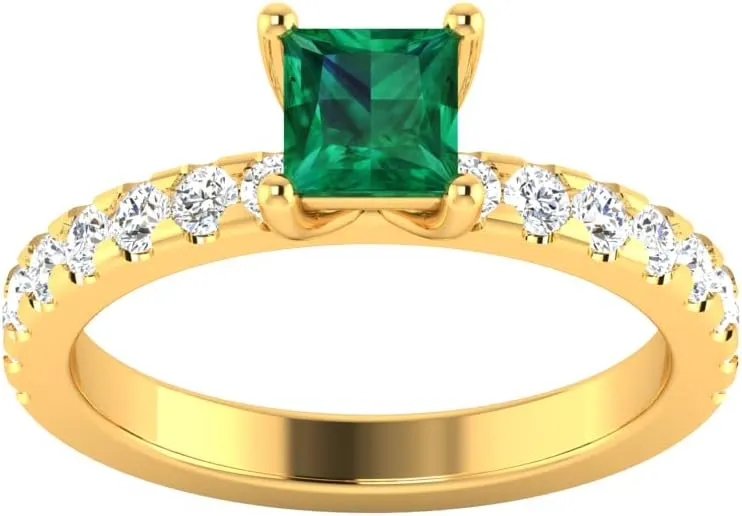 GEMHUB Couples Promise Ring Lab Created Grade AA Green Emerald Princess (Square) Solitaire with Accents 1.43 Carat 14k Yellow Gold Sizable