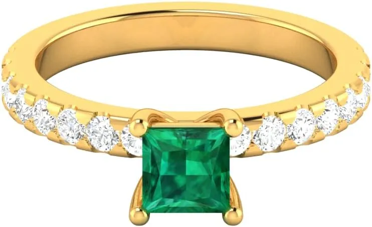 GEMHUB Couples Promise Ring Lab Created Grade AA Green Emerald Princess (Square) Solitaire with Accents 1.43 Carat 14k Yellow Gold Sizable