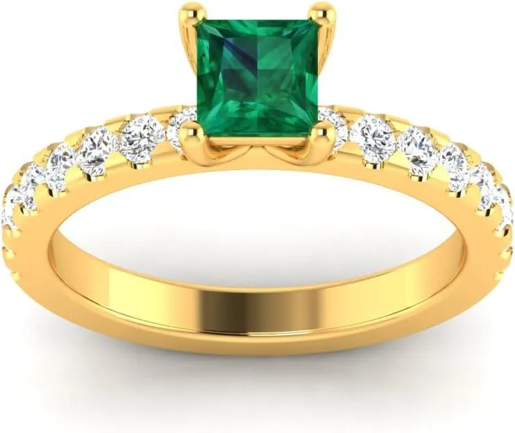 GEMHUB Couples Promise Ring Lab Created Grade AA Green Emerald Princess (Square) Solitaire with Accents 1.43 Carat 14k Yellow Gold Sizable