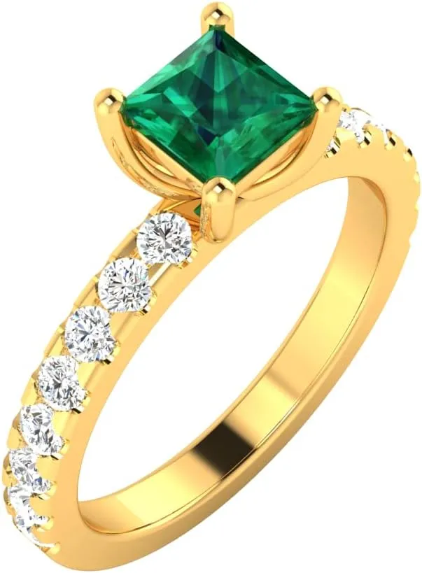 GEMHUB Couples Promise Ring Lab Created Grade AA Green Emerald Princess (Square) Solitaire with Accents 1.43 Carat 14k Yellow Gold Sizable