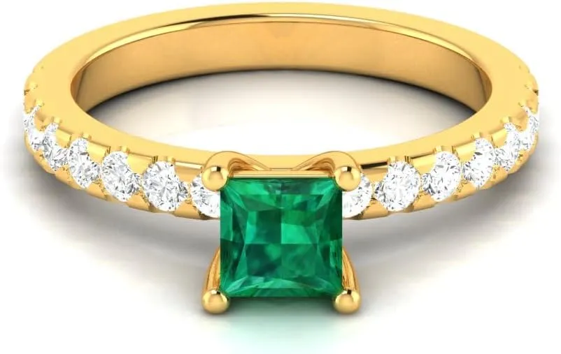 GEMHUB Couples Promise Ring Lab Created Grade AA Green Emerald Princess (Square) Solitaire with Accents 1.43 Carat 14k Yellow Gold Sizable