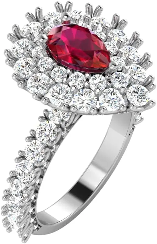 GEMHUB Lab Created Grade AA Red Ruby 14k Yellow Gold 3.67 CT Pear Double Halo Couples Promise Ring Sizable