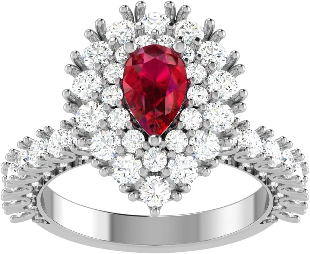 GEMHUB Lab Created Grade AA Red Ruby 14k Yellow Gold 3.67 CT Pear Double Halo Couples Promise Ring Sizable
