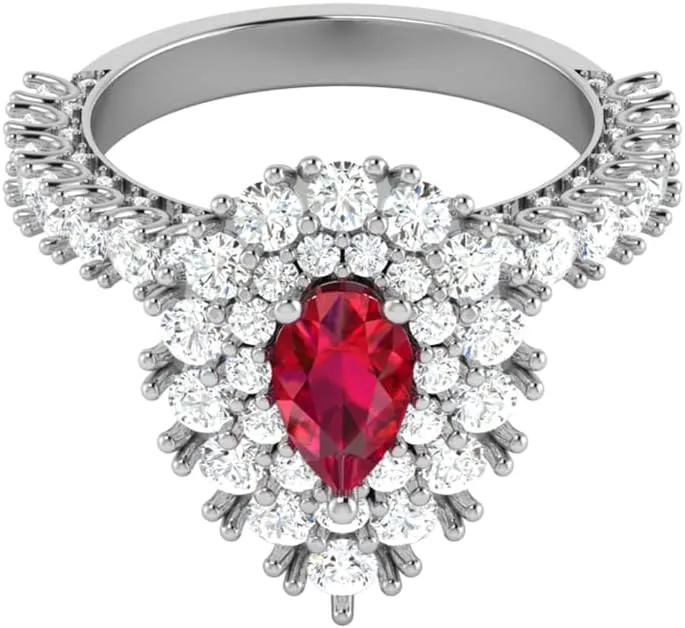 GEMHUB Lab Created Grade AA Red Ruby 14k Yellow Gold 3.67 CT Pear Double Halo Couples Promise Ring Sizable