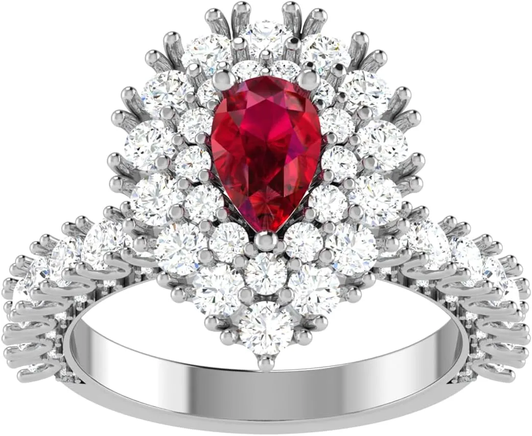GEMHUB Lab Created Grade AA Red Ruby 14k Yellow Gold 3.67 CT Pear Double Halo Couples Promise Ring Sizable