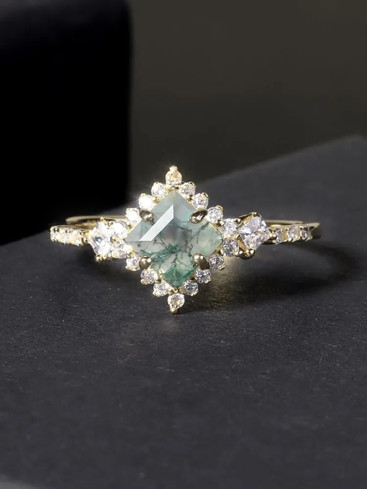 Gem's Beauty Moss Agate Rings 14k Gold Engagement Rings Women in 925 Sterling Silver Rings