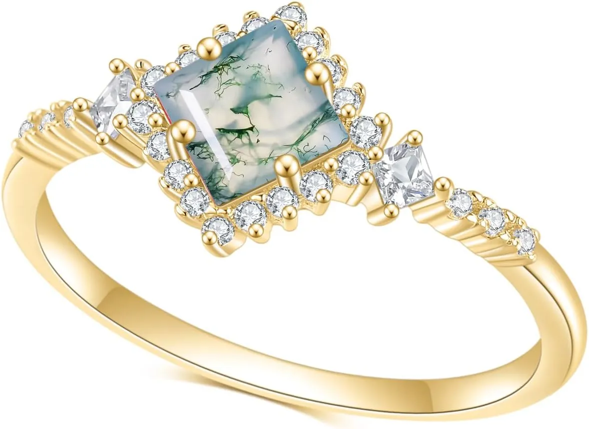 Gem's Beauty Moss Agate Rings 14k Gold Engagement Rings Women in 925 Sterling Silver Rings