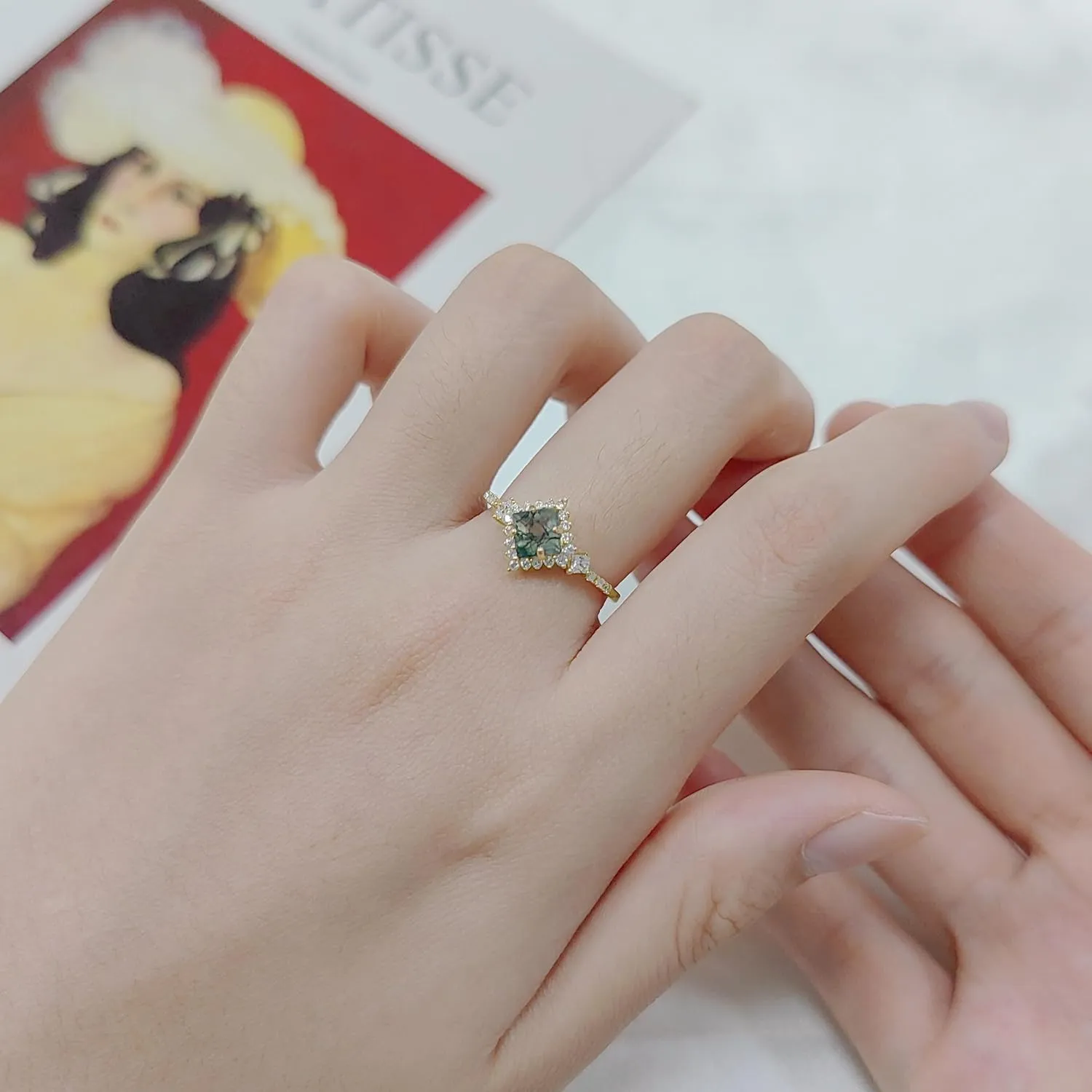 Gem's Beauty Moss Agate Rings 14k Gold Engagement Rings Women in 925 Sterling Silver Rings