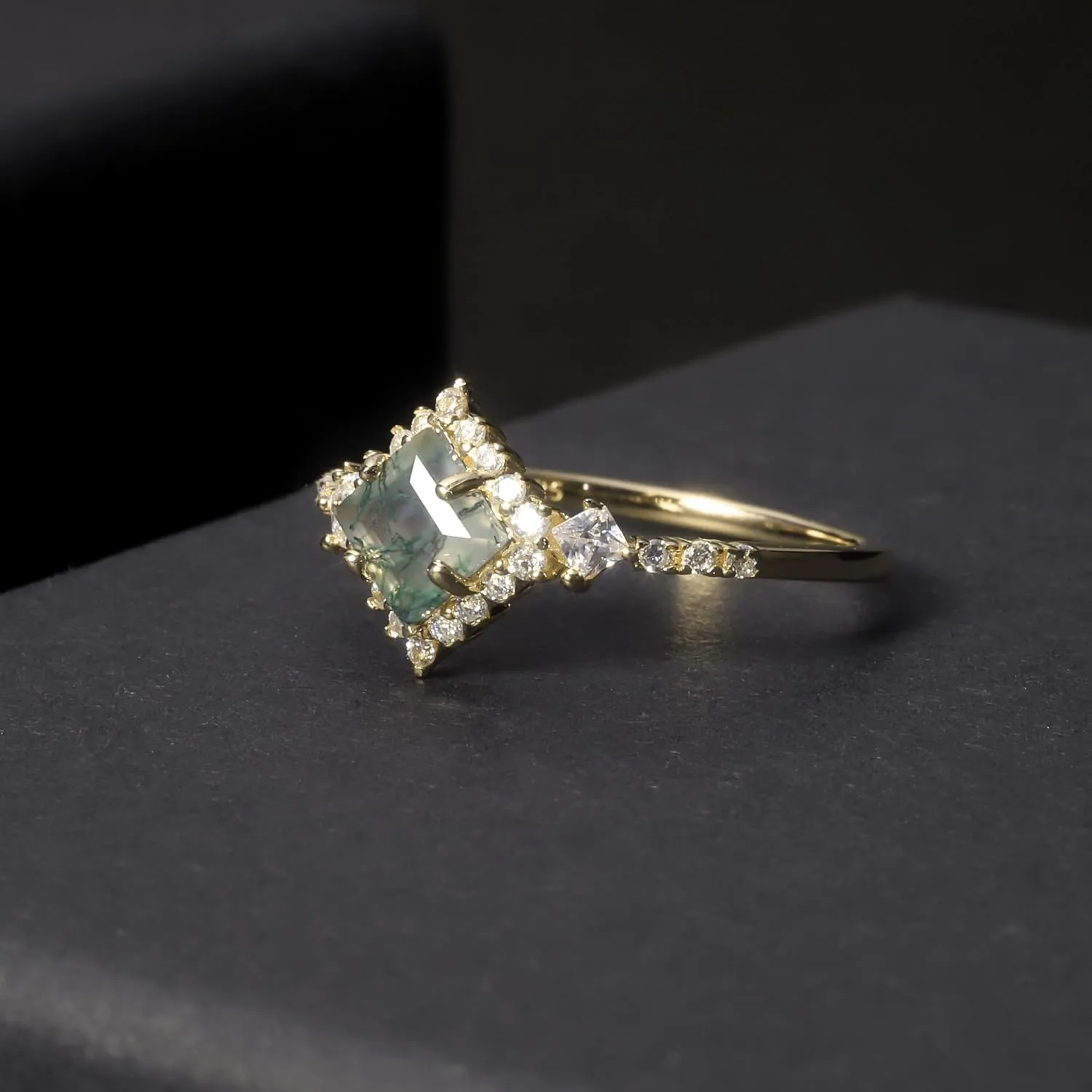 Gem's Beauty Moss Agate Rings 14k Gold Engagement Rings Women in 925 Sterling Silver Rings