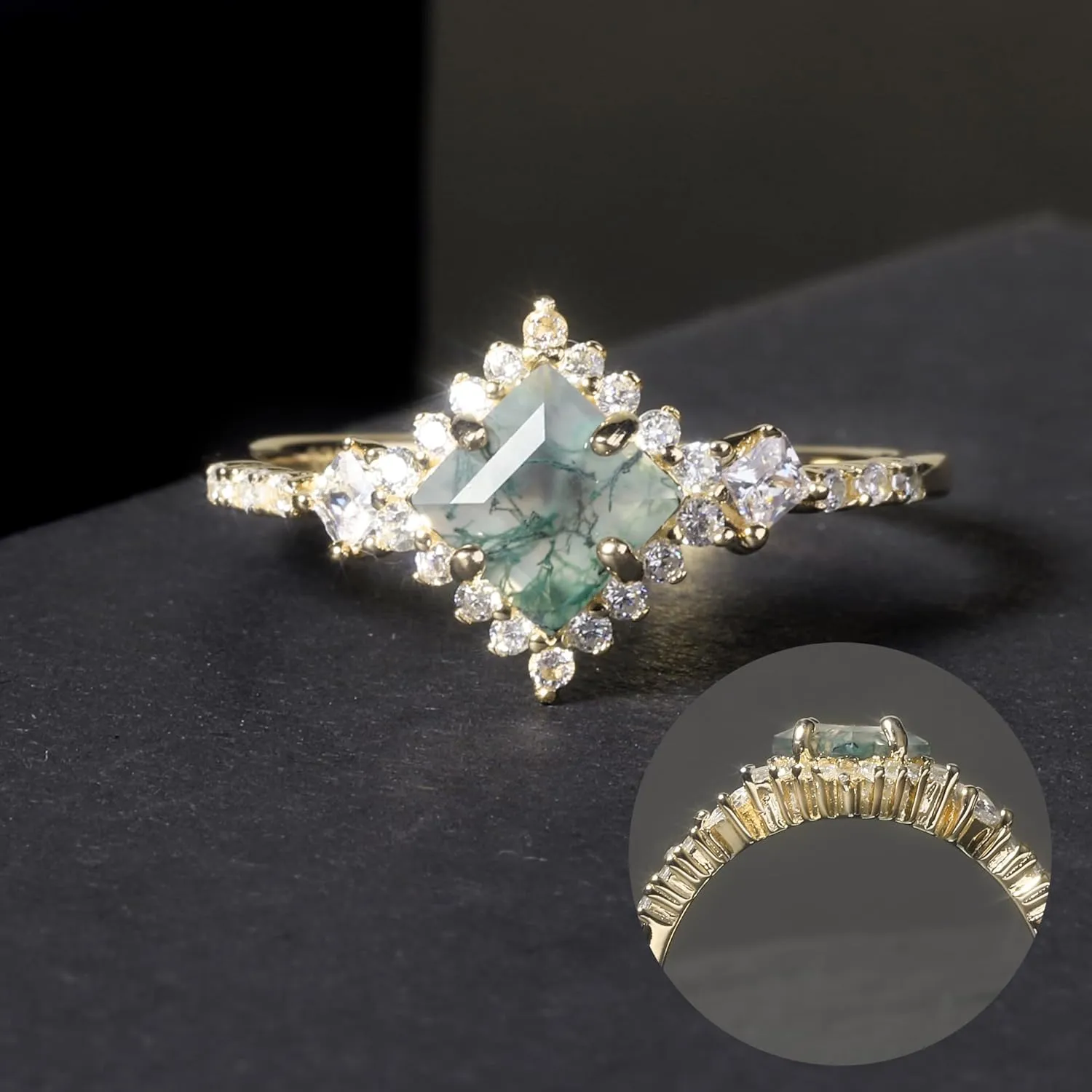 Gem's Beauty Moss Agate Rings 14k Gold Engagement Rings Women in 925 Sterling Silver Rings