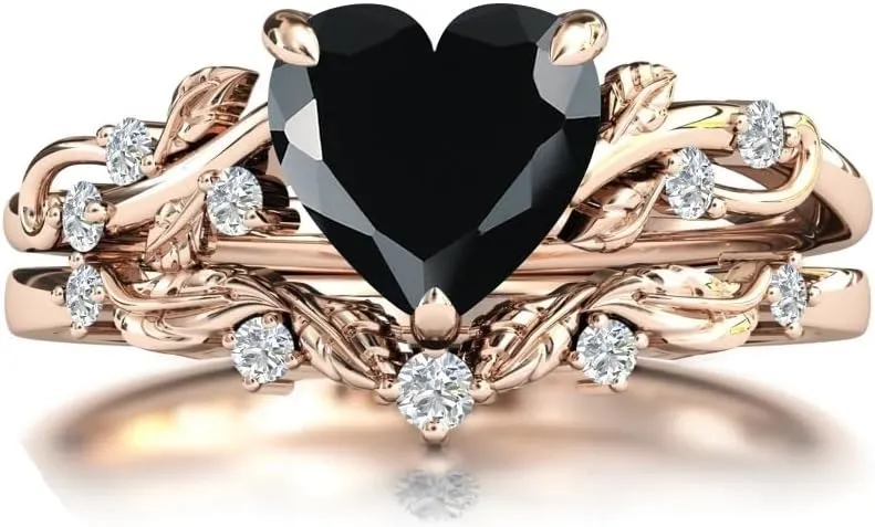 Gemstone Engagement Rings Set for Women Heart Shaped Gemstone Ring Set Leaf Art Deco Ring Set 10K 14K 18K White Yellow Rose Gold Vintage Vine Gemstone Wedding Ring Sets Anniversary Promise Ring