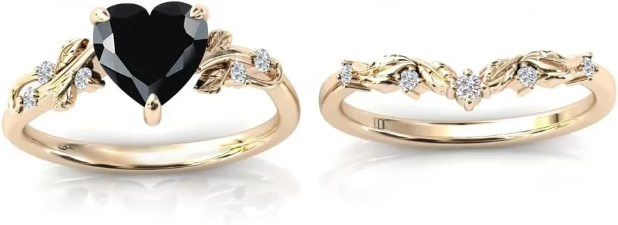 Gemstone Engagement Rings Set for Women Heart Shaped Gemstone Ring Set Leaf Art Deco Ring Set 10K 14K 18K White Yellow Rose Gold Vintage Vine Gemstone Wedding Ring Sets Anniversary Promise Ring
