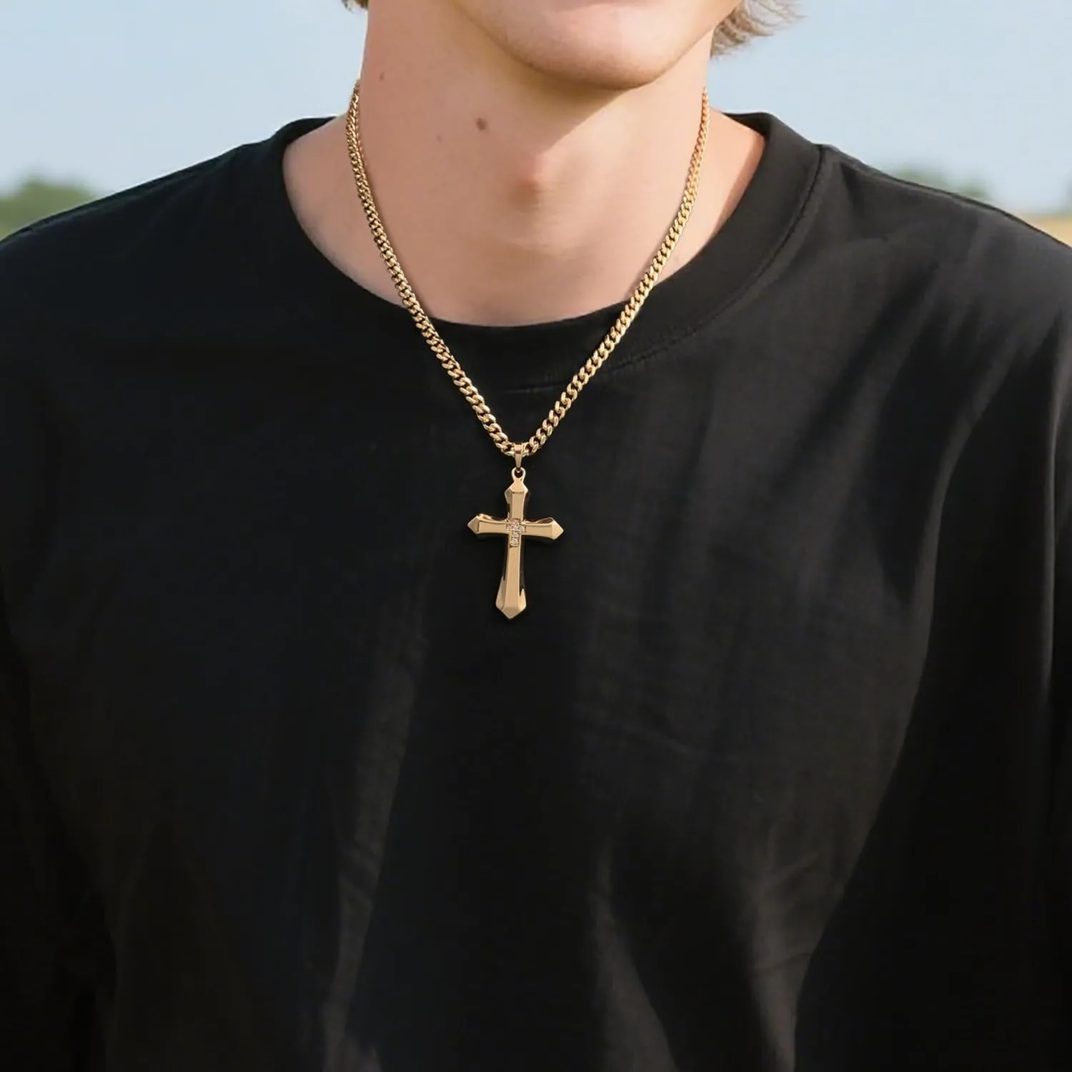 GIORGIA GIBBS Mens Cross Necklaces 14K Gold Cross Necklace for Men Gold Crosses Pendant for Mens with Cubic Zirconia Sharp Lines and Sleek Geometric Form Crosses Pendant Chain for Men 20/22 /24 Inch