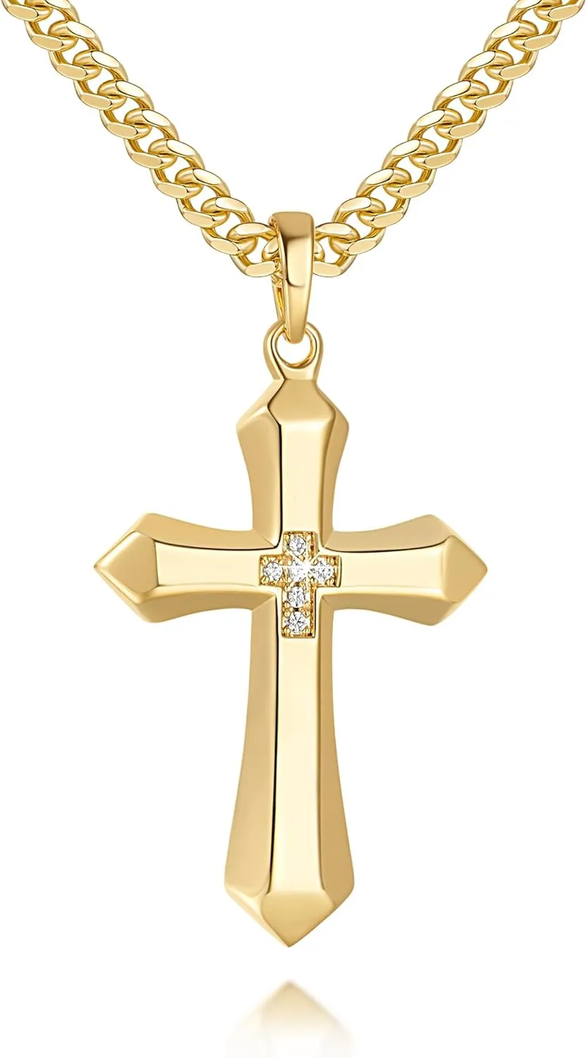 GIORGIA GIBBS Mens Cross Necklaces 14K Gold Cross Necklace for Men Gold Crosses Pendant for Mens with Cubic Zirconia Sharp Lines and Sleek Geometric Form Crosses Pendant Chain for Men 20/22 /24 Inch