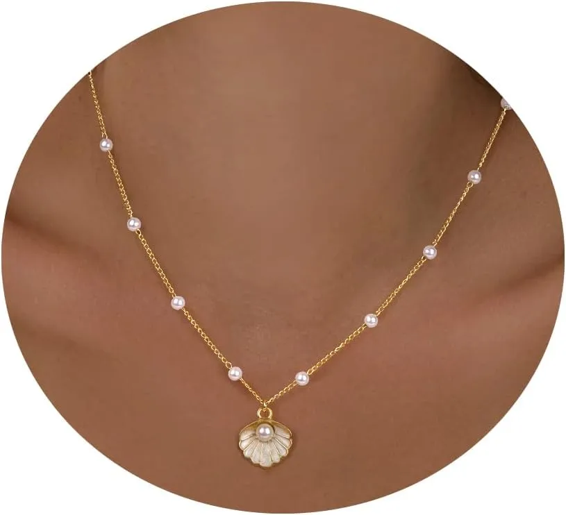 GolbalJew Cute Necklace for Women 18K Gold Plated Dainty Pearl Chain Choker Necklaces Trendy Jewelry Gift