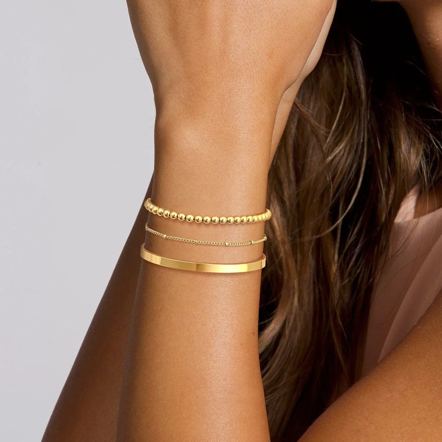 Gold Bracelets for Women,Dainty 14K Gold Plated Stack Set Trendy Stackable non Tarnish Cuban Bead Paperclip Herringbone Link Chain Bracelet CZ Bangle Cuff Bracelets Jewelry Sets for Women