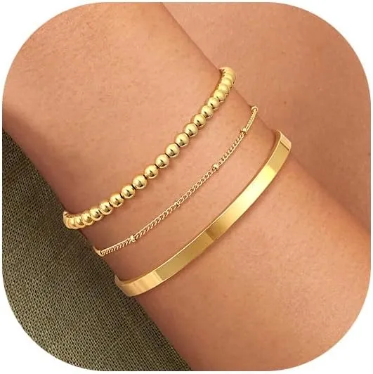 Gold Bracelets for Women,Dainty 14K Gold Plated Stack Set Trendy Stackable non Tarnish Cuban Bead Paperclip Herringbone Link Chain Bracelet CZ Bangle Cuff Bracelets Jewelry Sets for Women