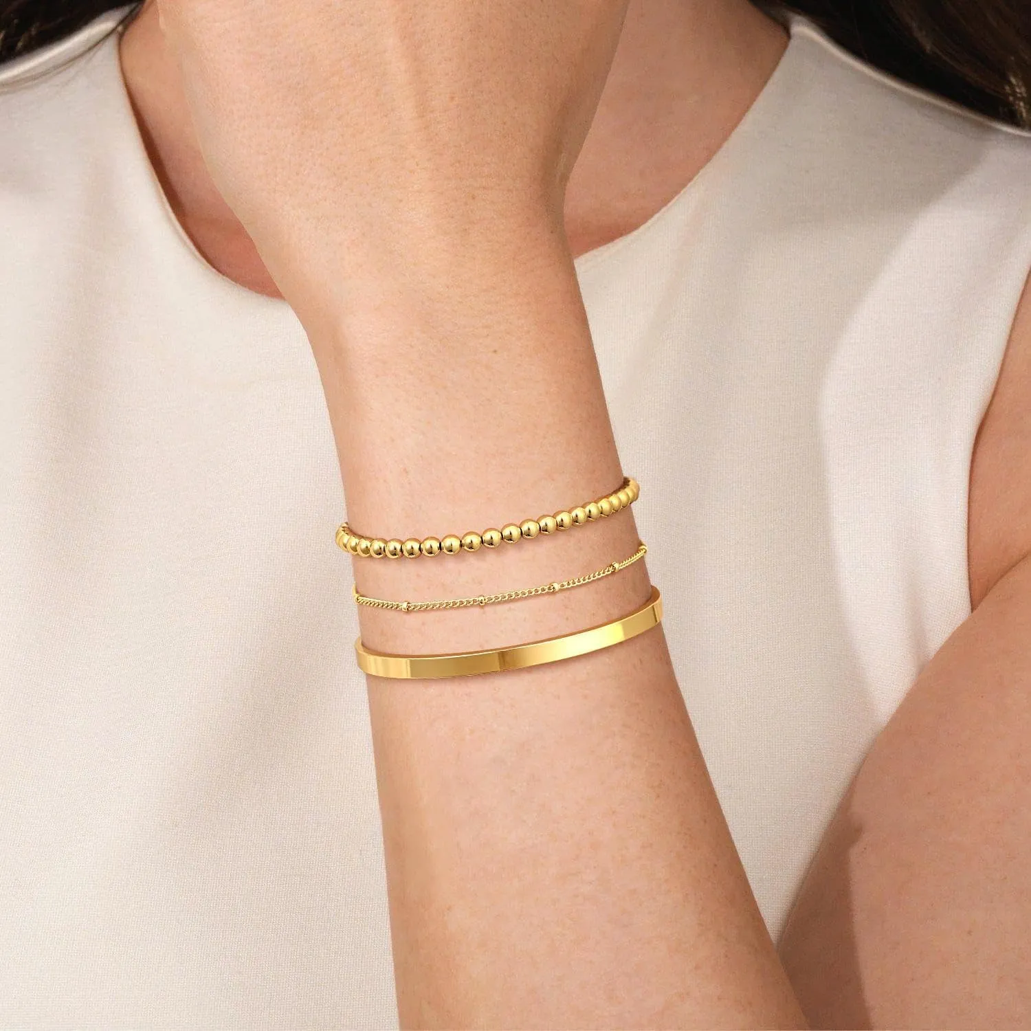 Gold Bracelets for Women,Dainty 14K Gold Plated Stack Set Trendy Stackable non Tarnish Cuban Bead Paperclip Herringbone Link Chain Bracelet CZ Bangle Cuff Bracelets Jewelry Sets for Women
