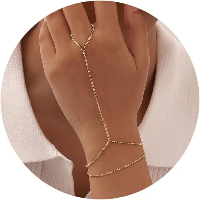 Gold Hand Chain Bracelets for Women Trendy: 14K Gold Dainty Finger Ring Bracelet Stack Hand Chain Set Adjustable Link Hand Chain CZ Beaded Paperclip Bracelets Non Tarnish Women Jewelry