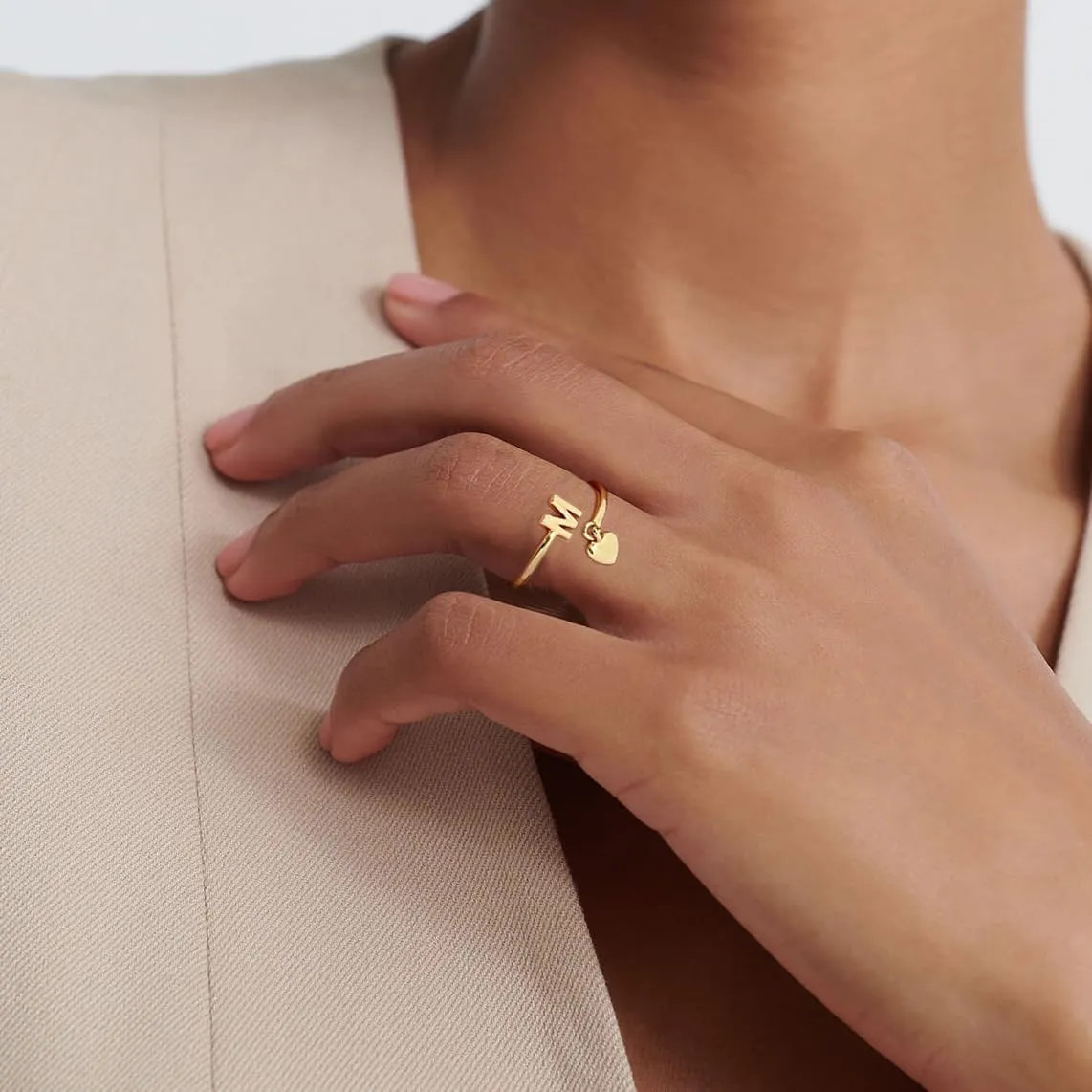 Gold Initial Ring for Women Dainty Initial Heart Non Tarnish Gold Rings 14K Gold Plated Alphabet Letter Rings Open Statement Ring Adjustable Thumb Pinky Ring for Women