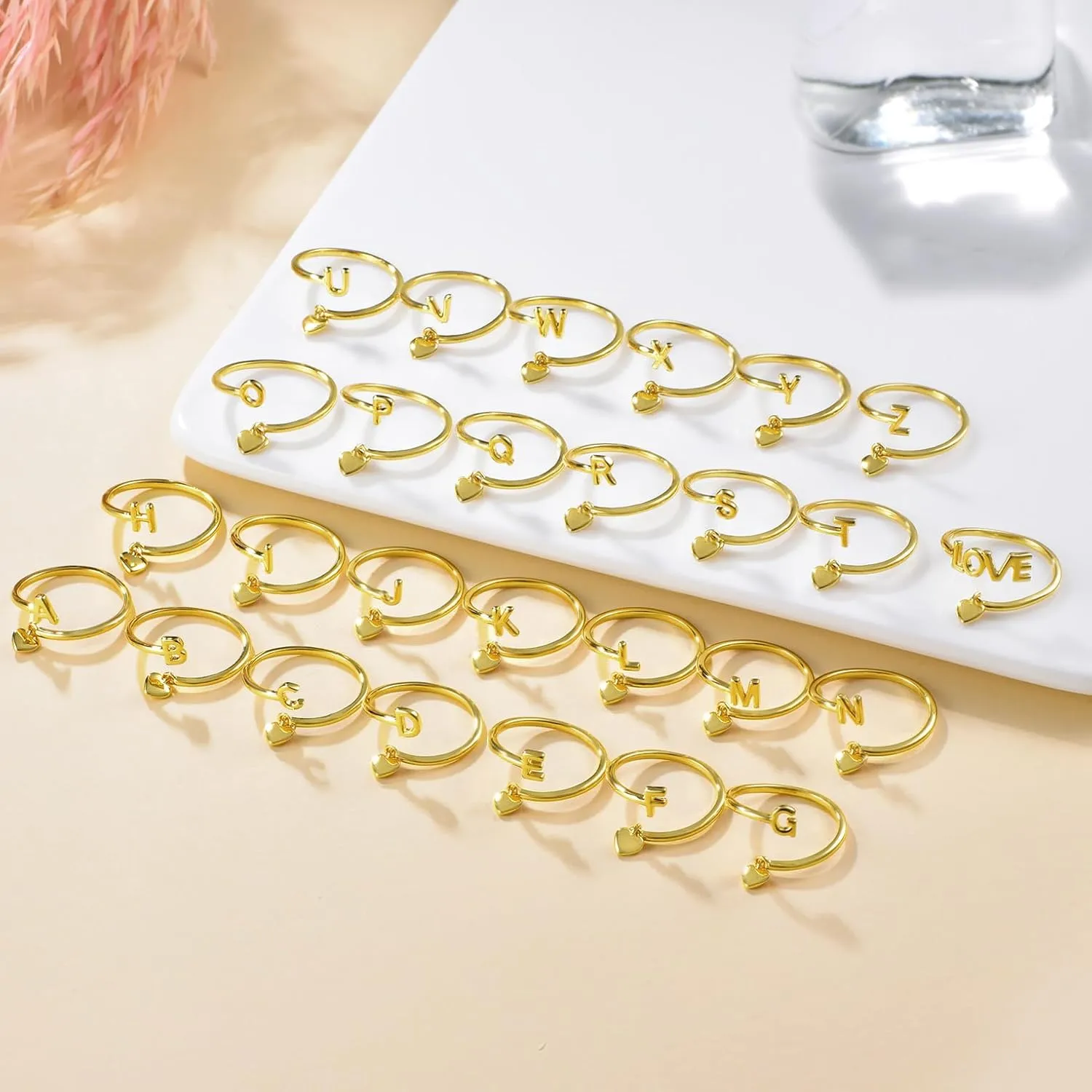 Gold Initial Ring for Women Dainty Initial Heart Non Tarnish Gold Rings 14K Gold Plated Alphabet Letter Rings Open Statement Ring Adjustable Thumb Pinky Ring for Women
