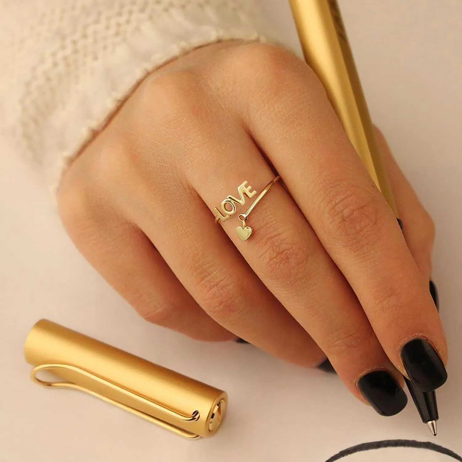 Gold Initial Ring for Women Dainty Initial Heart Non Tarnish Gold Rings 14K Gold Plated Alphabet Letter Rings Open Statement Ring Adjustable Thumb Pinky Ring for Women