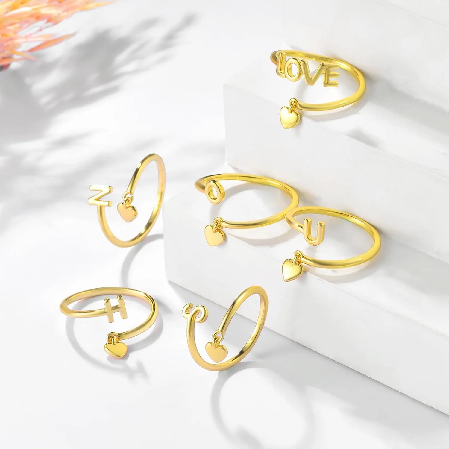Gold Initial Ring for Women Dainty Initial Heart Non Tarnish Gold Rings 14K Gold Plated Alphabet Letter Rings Open Statement Ring Adjustable Thumb Pinky Ring for Women